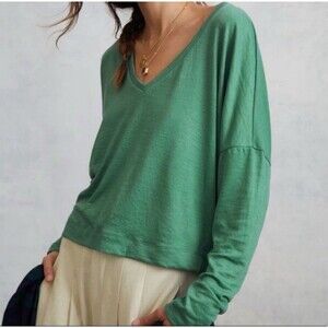 Anthropologie Dina Pullover XS Oversized Long Sleeve Moss Green Cozy V-neck Top